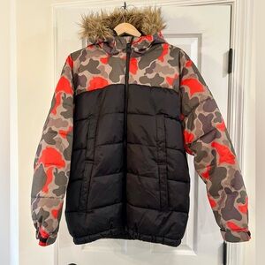 Members Only Camo and Black Puffer Jacket